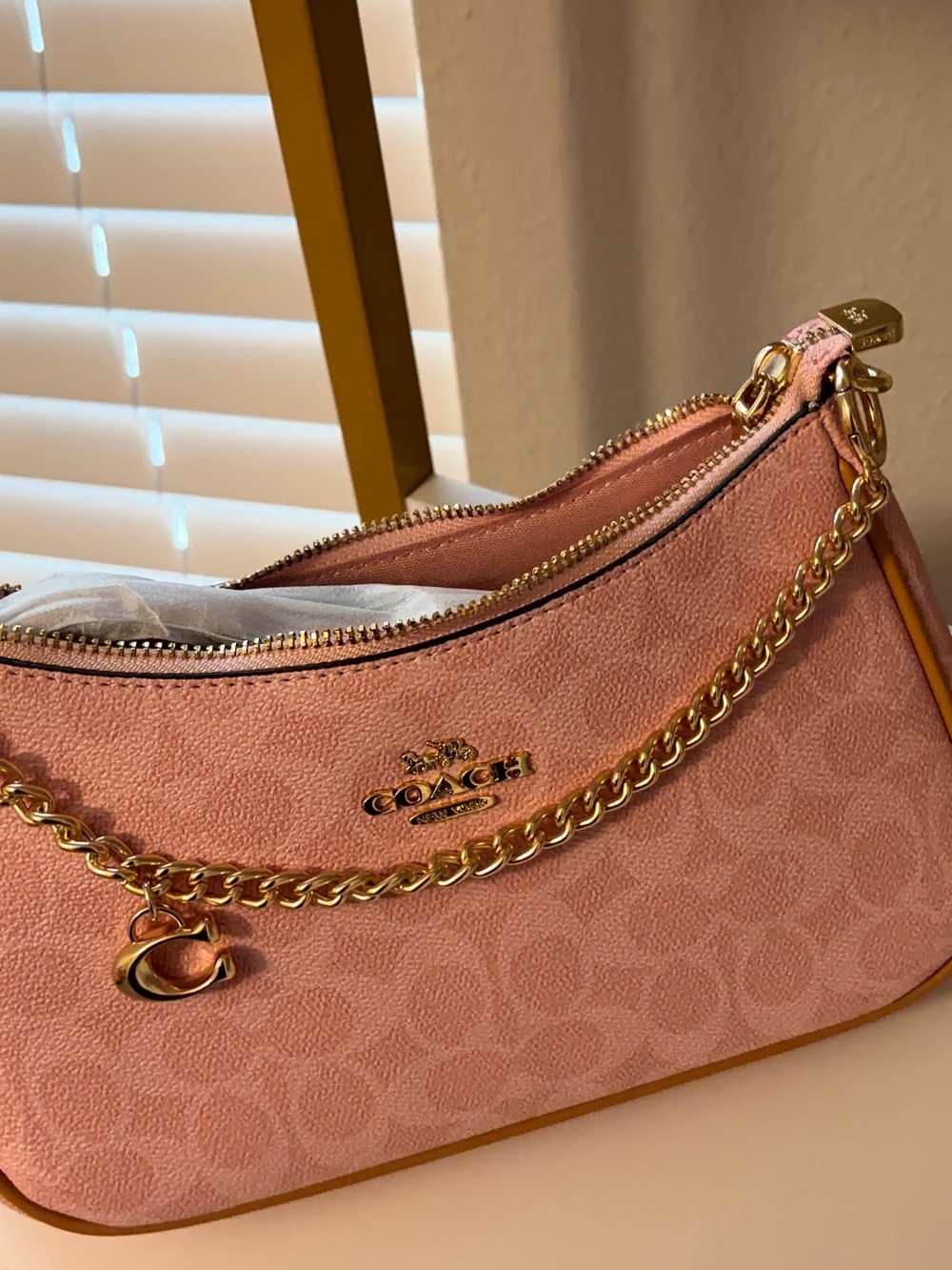 Coach Pink Signature Chain Shoulder Bag with Gold Hardware